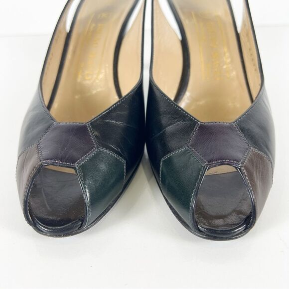 Vintage Bruno Magli Patchwork Leather Slingback Heels Peep Toe Buckle 8.5 AA - Picture 7 of 13
